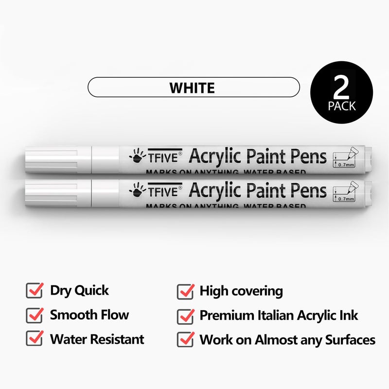 TFIVE White Paint Marker Paint Pens - 2 Pack Acrylic Permanent Marker, 0.7mm Extra Fine Tip Paint Pen for Art Projects, Drawing, Rock Painting, Ceramic, Glass, Wood, Plastic, Metal, Canvas DIY Crafts - Image 2